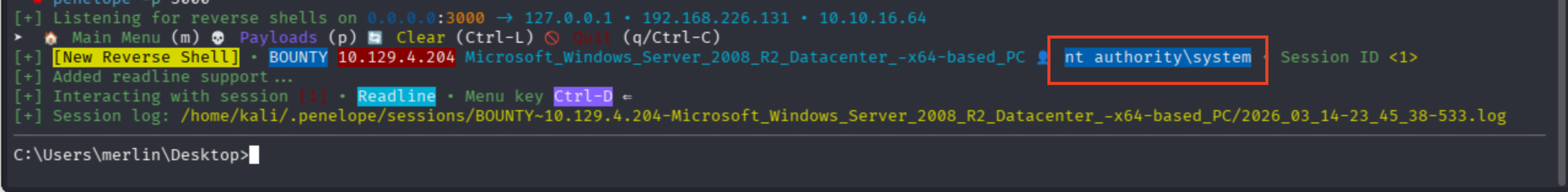 Administrator shell obtained on the Bounty target