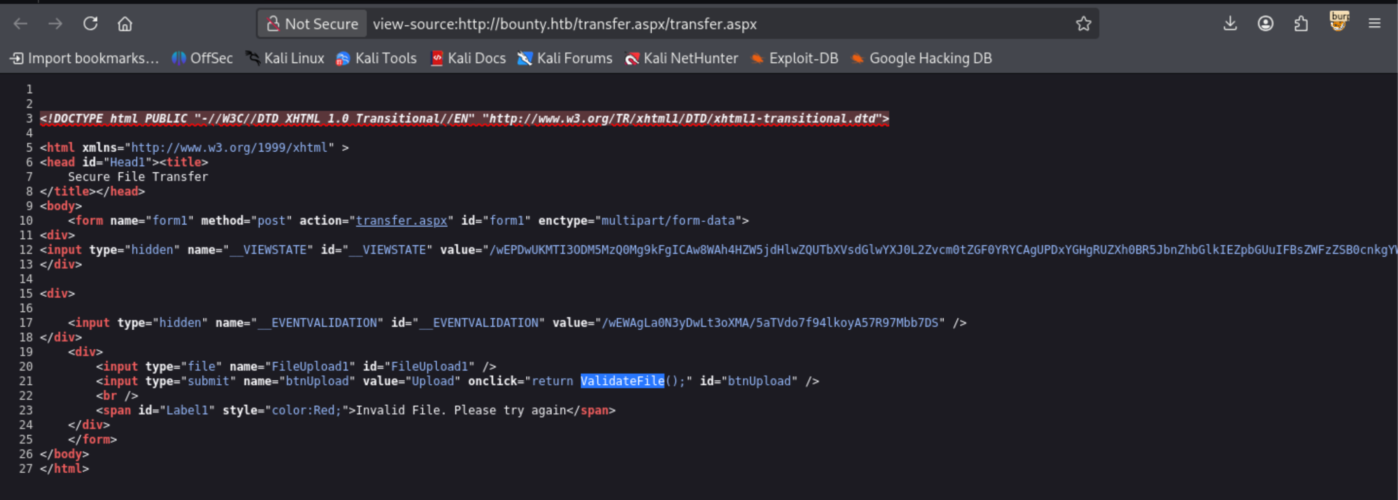 Client-side file upload filter found in the page source code