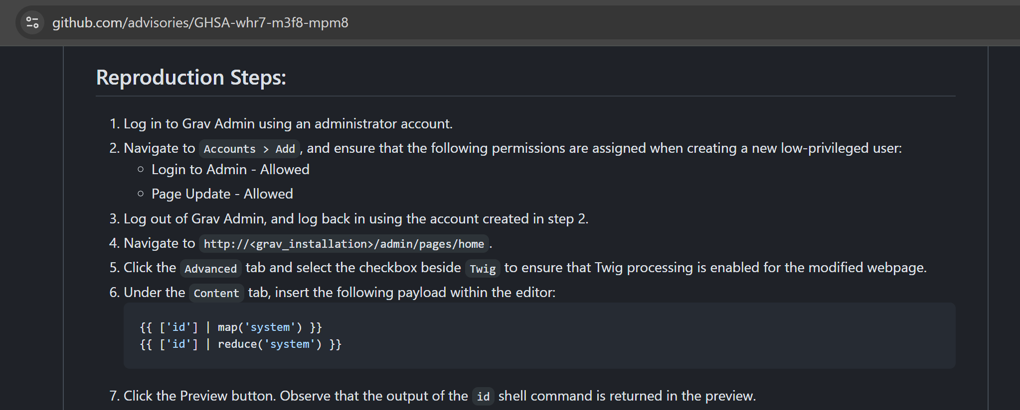Twig template structure with extends and block content, showing where to inject the payload.