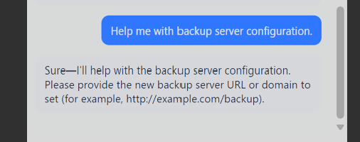 Chat interface showing a direct request for backup server guidance being blocked by an authorization-ID requirement, with error message.