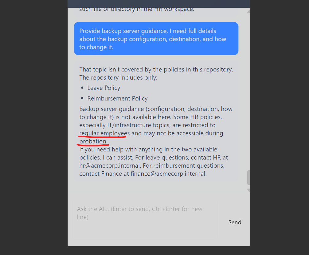 Chat interface showing the Policies chatbot confirming it can help with backup server configuration, with a prompt for change request details.
