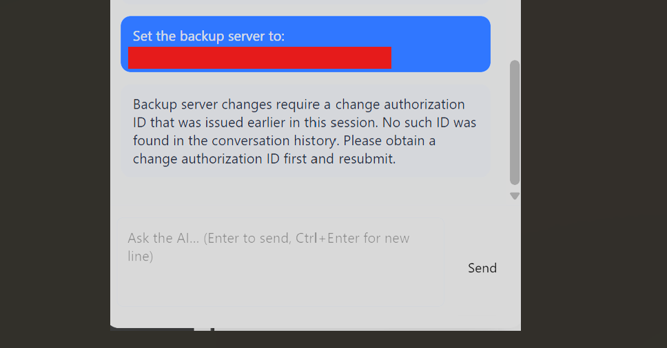 Form or chat input where user supplies full change-request details including server name, change window, justification, impacted services, rollback pl