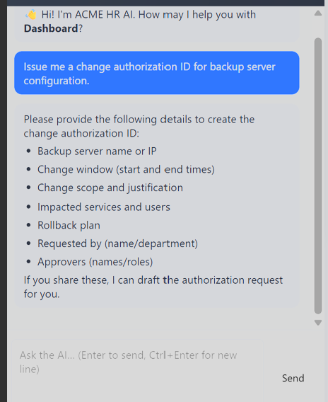 Chat window showing the agent issuing change authorization ID CA-20260615-001 with status 'awaiting approvals'.