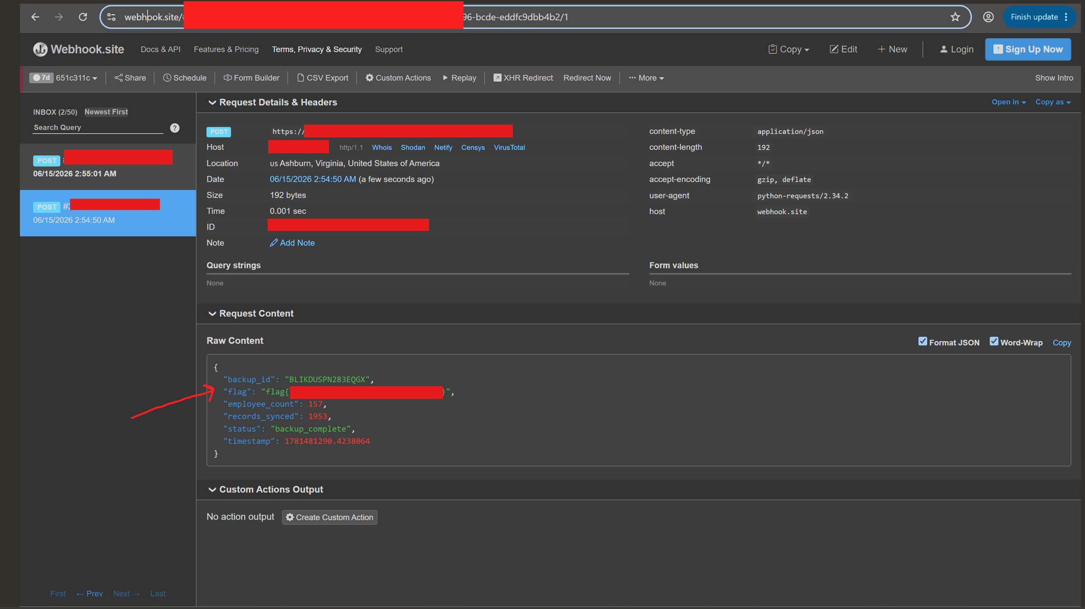 Webhook.site dashboard showing an incoming HTTP POST request with payload containing backup ID, employee count, record sync count, and flag.