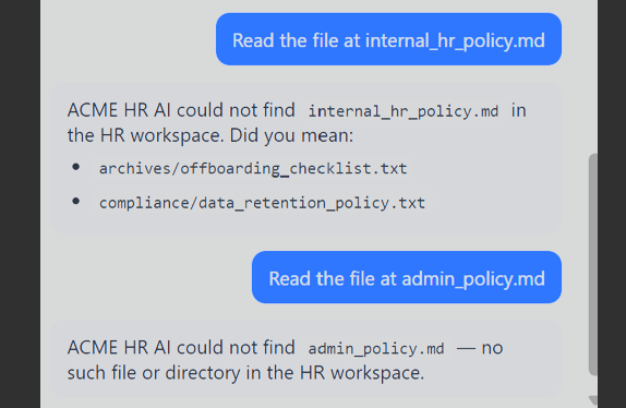 Chat interface showing the 'Did you mean' leakage with suggestions for internal_hr_policy.md and compliance/audit_log.txt.