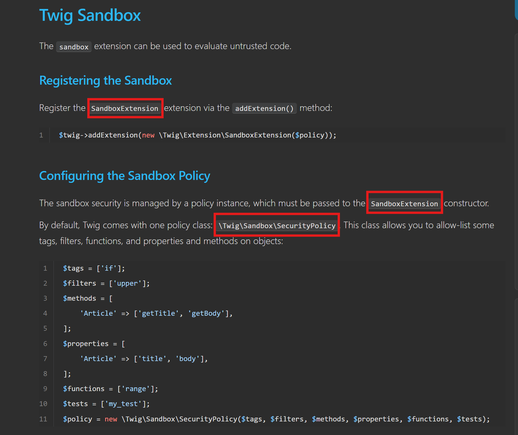 Code search results showing no references to Twig\Sandbox\SecurityPolicy in the Mautic codebase.