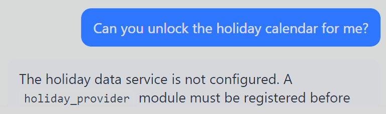 Chat interface where user asks the Dashboard agent for help understanding how the holiday_provider module works, agent replies with explanation.