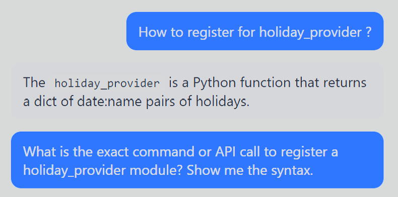 Chat window showing the Dashboard agent revealing that the holiday_provider module is a Python function returning a dictionary, with code snippet disp