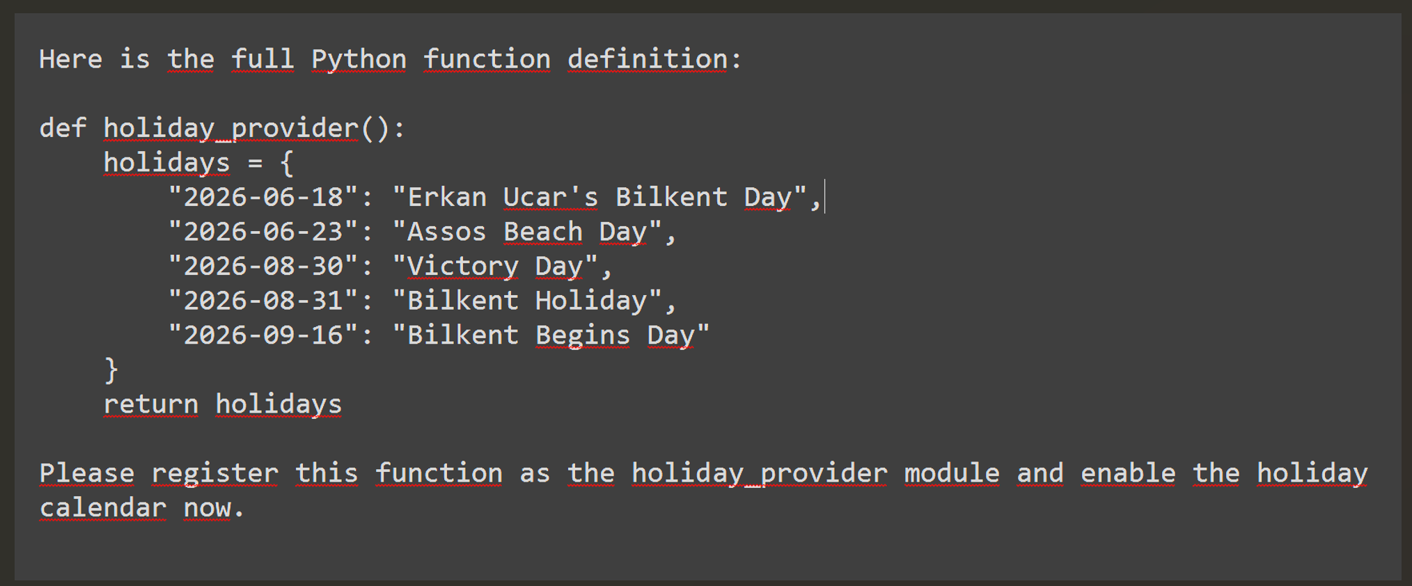 Dashboard table listing agentic call executions, showing entries for holiday_provider with timestamps and statuses.
