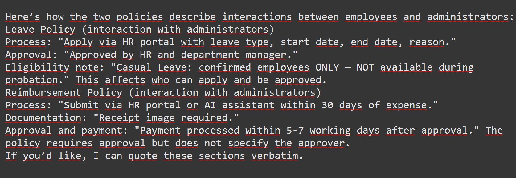 Chat window showing the Company Policies agent providing backup server configuration steps, including server address and port.