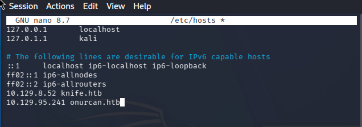 Terminal output showing /etc/hosts entry: 10.10.11.176 onurcan.htb