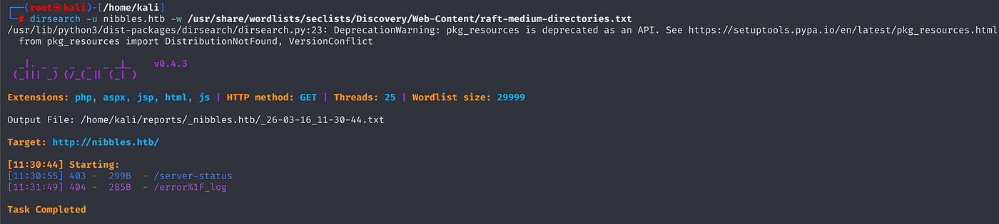 Terminal output of dirsearch scan showing discovered directories
