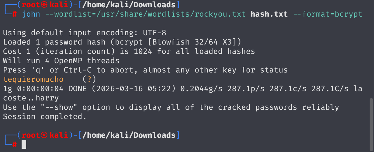 Terminal output of john showing cracked password tequieromucho for logan