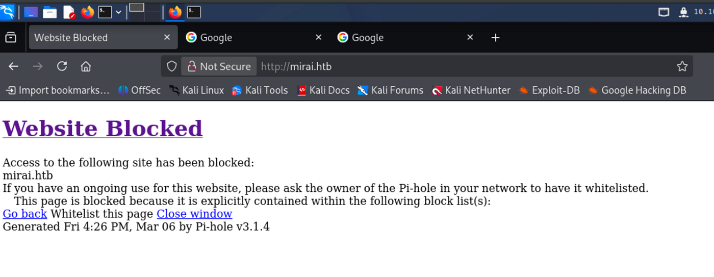 Pi-hole block page in browser at http://mirai.htb with message about blocked domain.