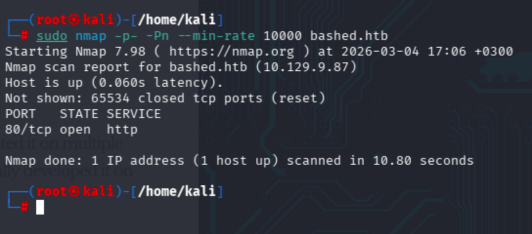 Terminal output of nmap full port scan showing open ports 80 and 8080 on bashed.htb.