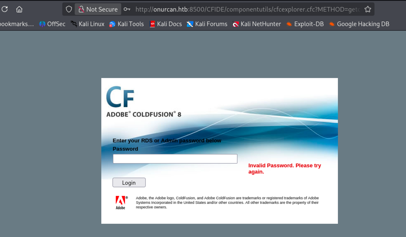Adobe ColdFusion 8 administrator login page at onurcan.htb:8500/CFIDE/administrator.