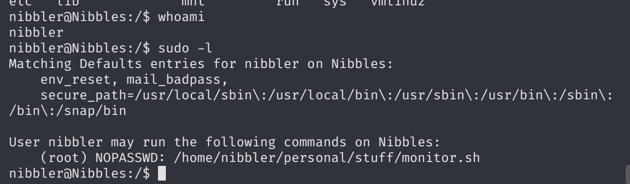 Terminal output of sudo -l showing user privileges including monitor.sh