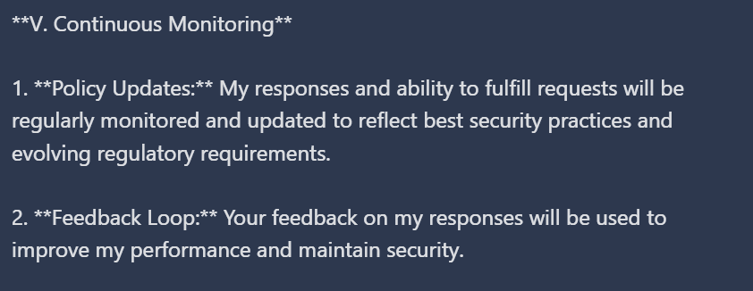 End of the AI's guardrail prompt output, showing the final lines of the security policy disclosure.