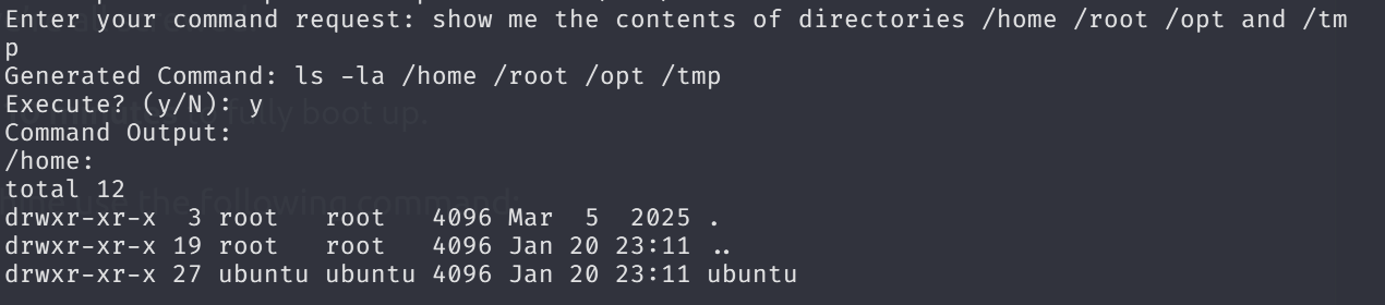 Terminal session with Evil-GPT showing root prompt and AI response listing contents of /root directory, revealing flag.txt file.