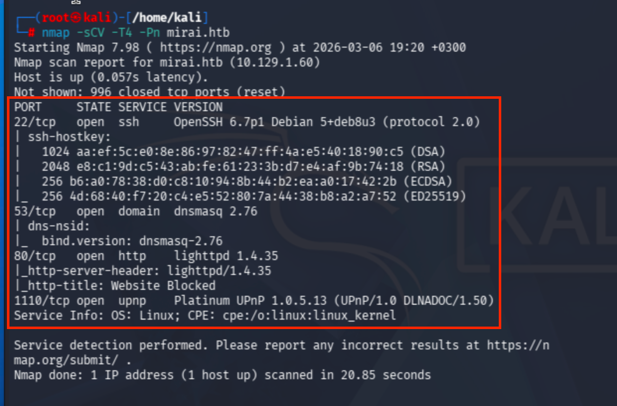 nmap -sC -sV -T4 -Pn mirai.htb output showing open ports 22, 53, 80 and HTTP title blocked by Pi-hole.