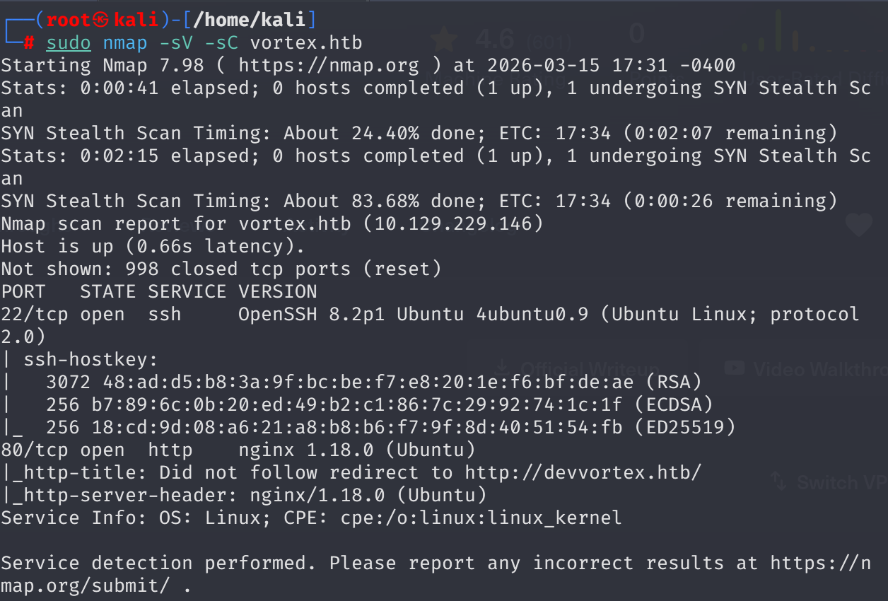 Terminal output of sudo nmap -sV -sC devvortex.htb showing open ports 22, 80, and 443 with service versions