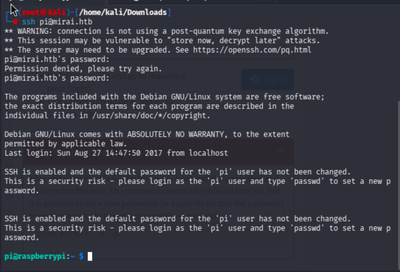 SSH session logged in as pi on Raspberry Pi with prompt pi@raspberrypi.