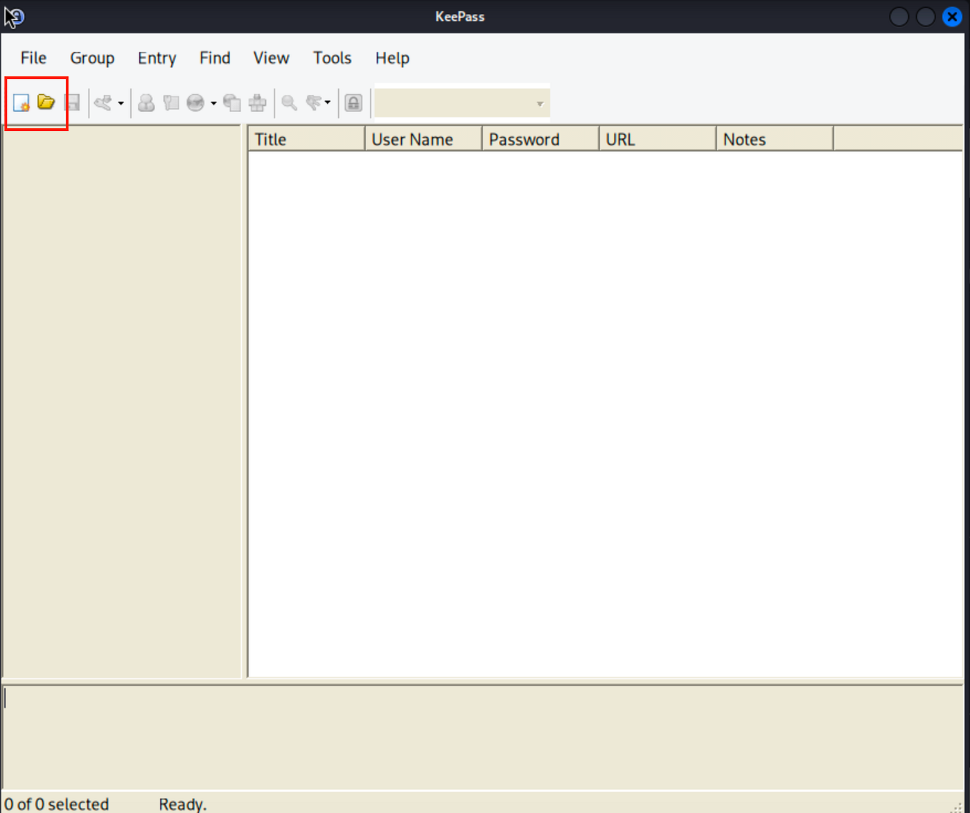 KeePass2 GUI file picker showing passcodes.kdbx selected.