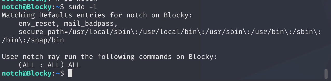 Terminal output of sudo -l showing notch can run all commands as root