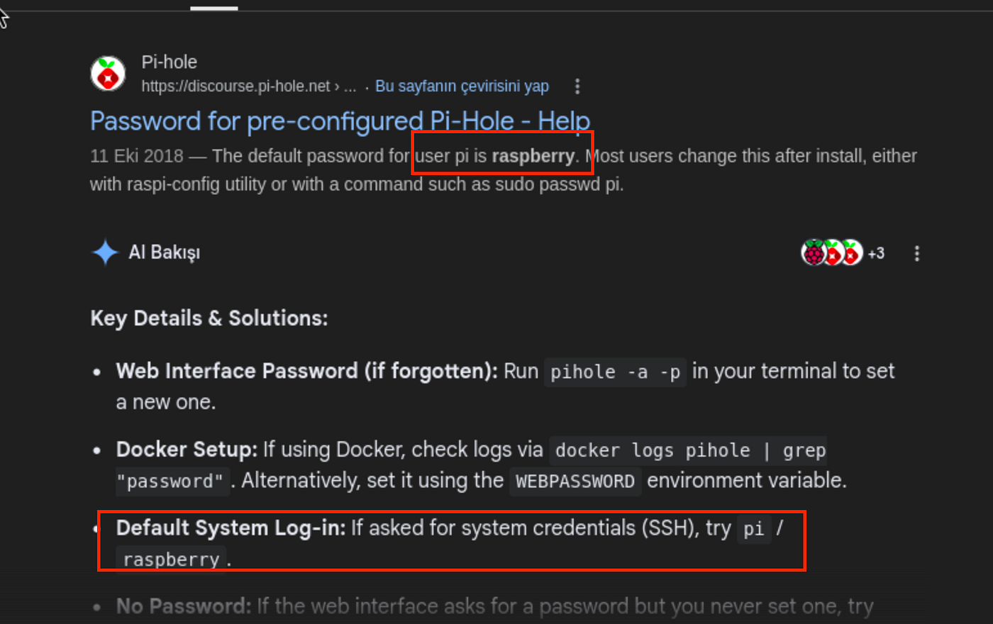 Pi-hole community documentation page confirming default login pi/raspberry.