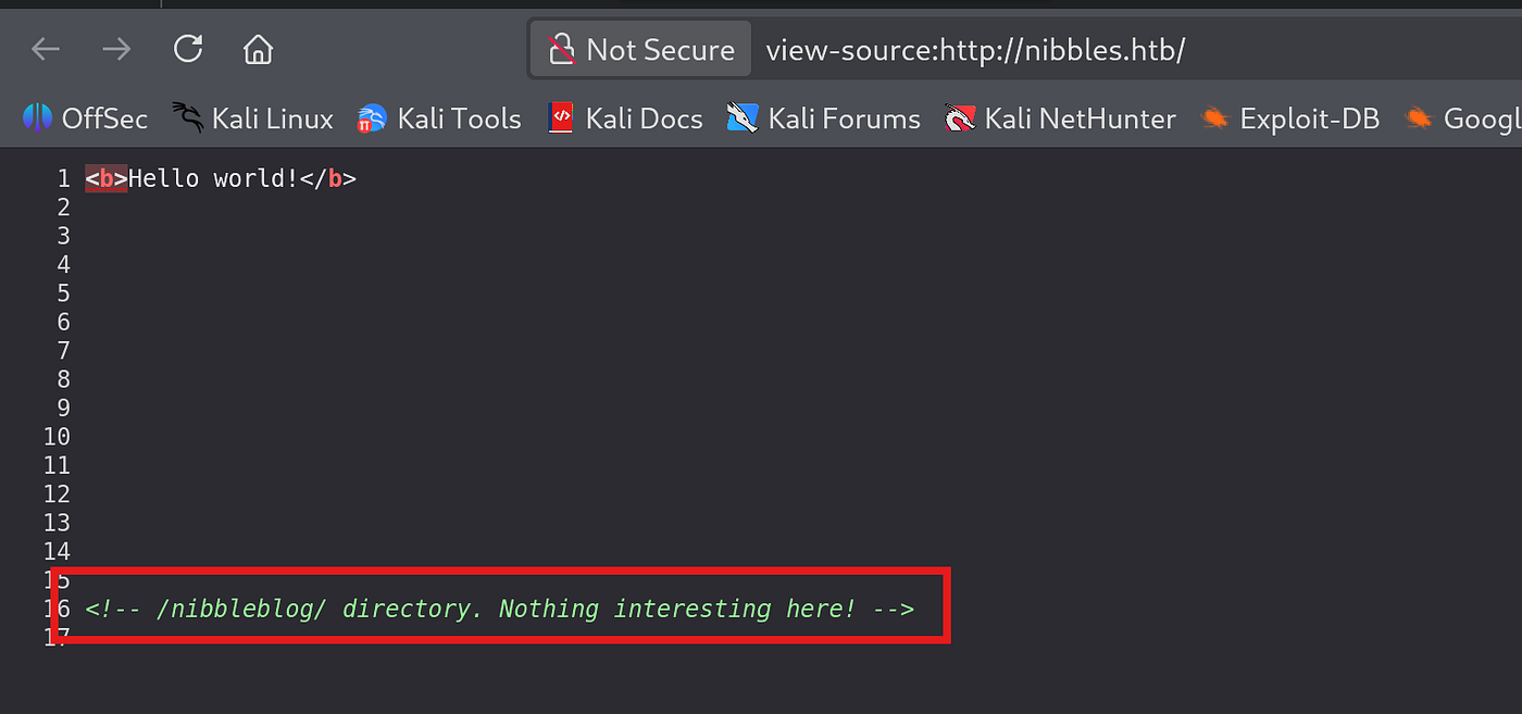 HTML source code view with highlighted comment revealing /nibbleblog/ directory
