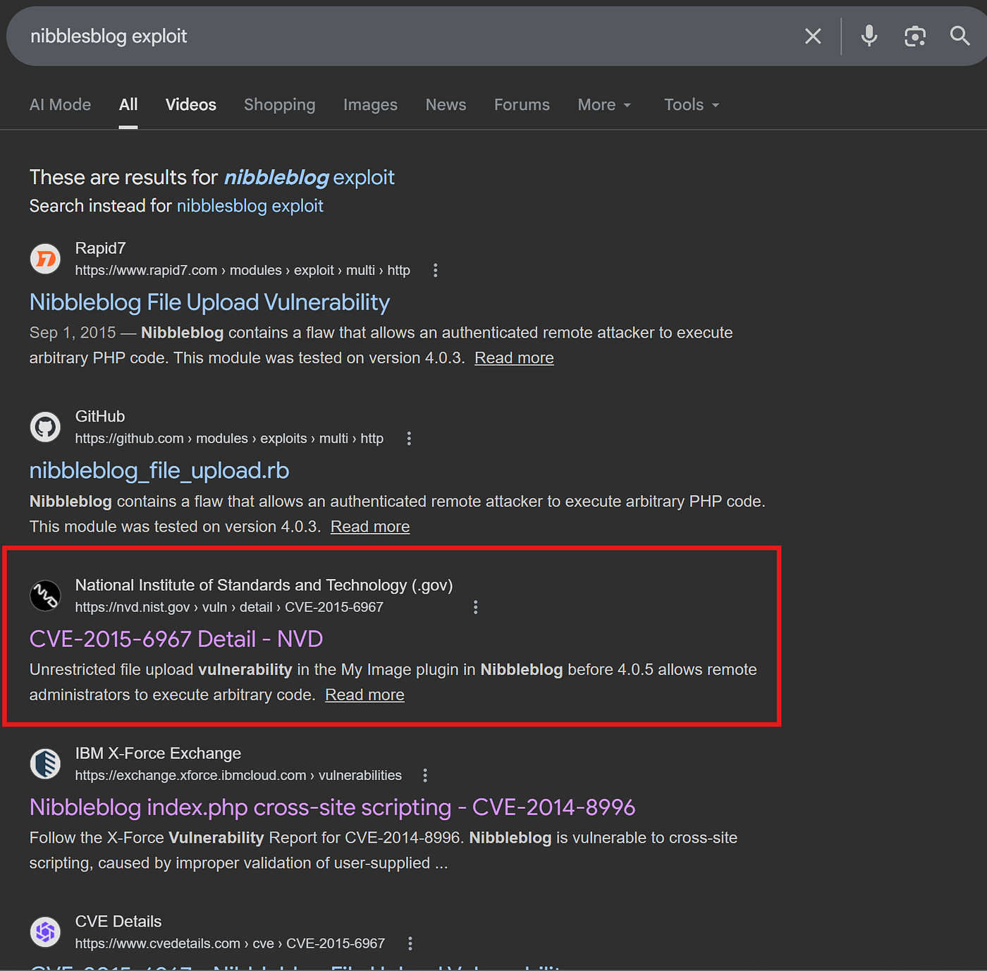 Terminal output of searchsploit nibble showing exploit details