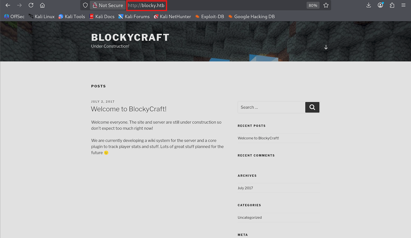 WordPress homepage of blocky.htb with blog posts and footer visible