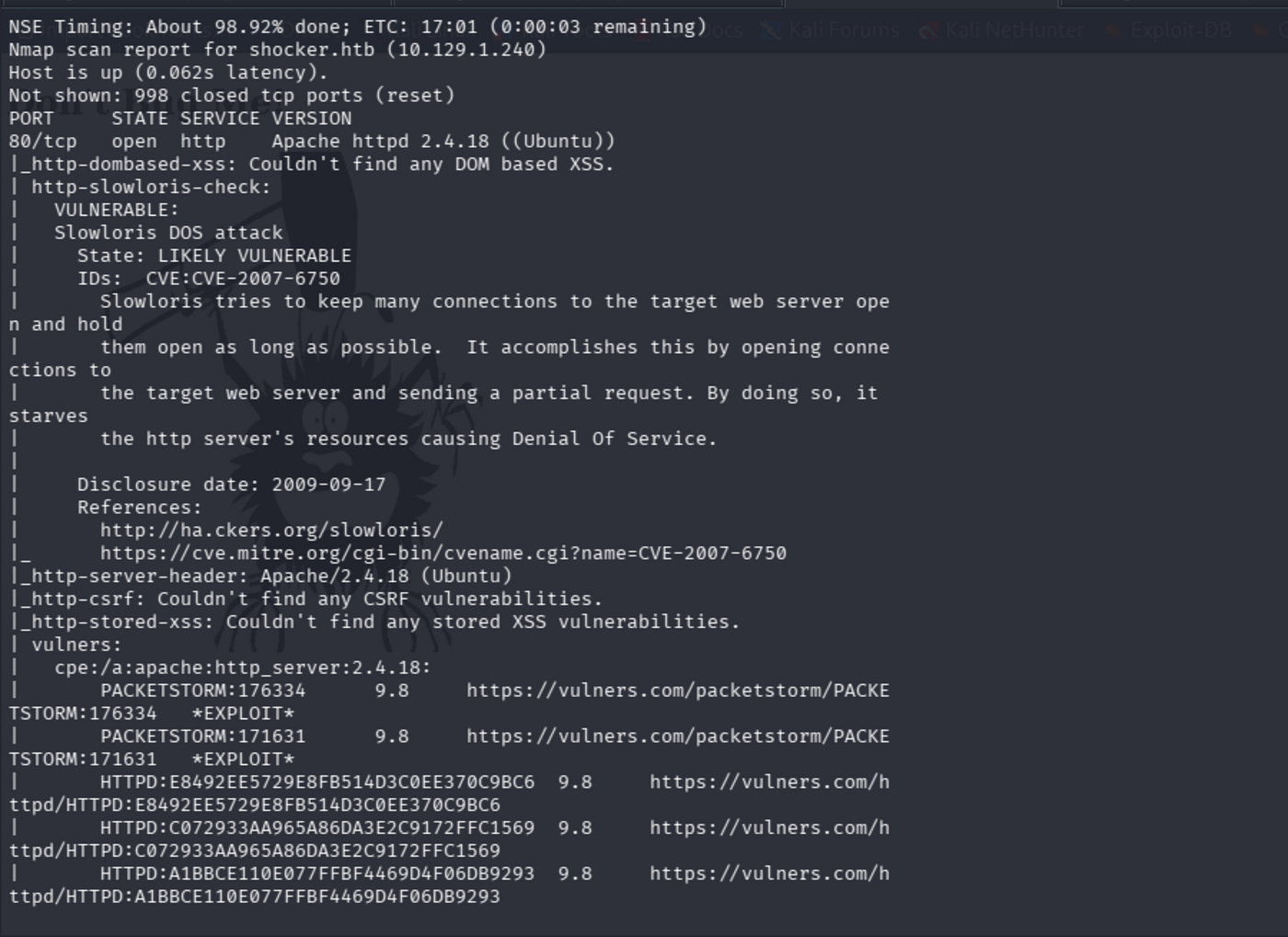 Terminal output of nmap -p- --min-rate 5000 -Pn shocker.htb showing only ports 80 and 2222 open