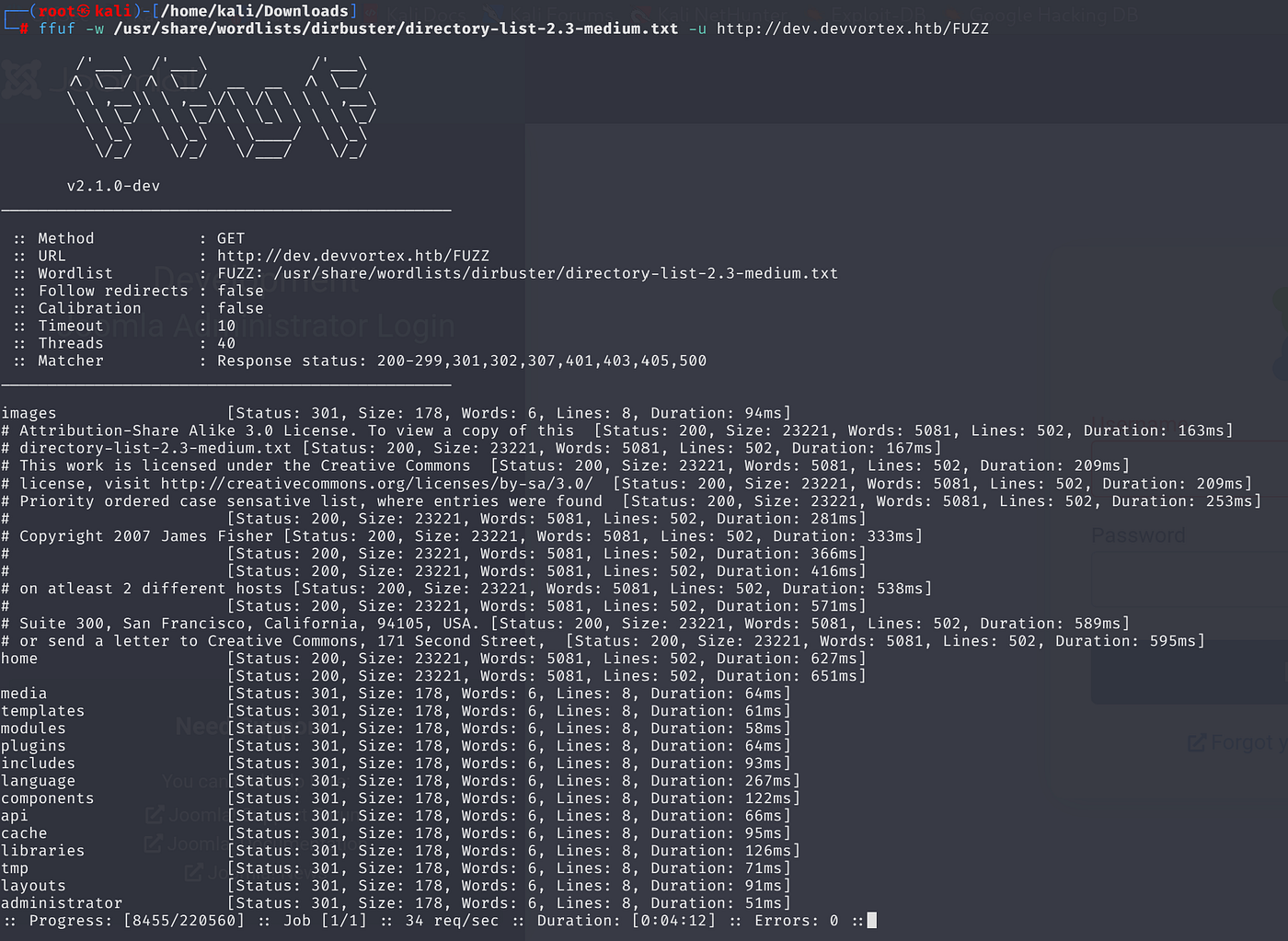 Web browser showing dev.devvortex.htb homepage with source code view revealing email addresses info@Devvortex.htb and contact@devvortex.htb