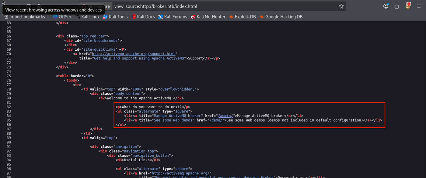 Web browser showing Apache ActiveMQ admin panel with navigation menus and dashboard widgets.