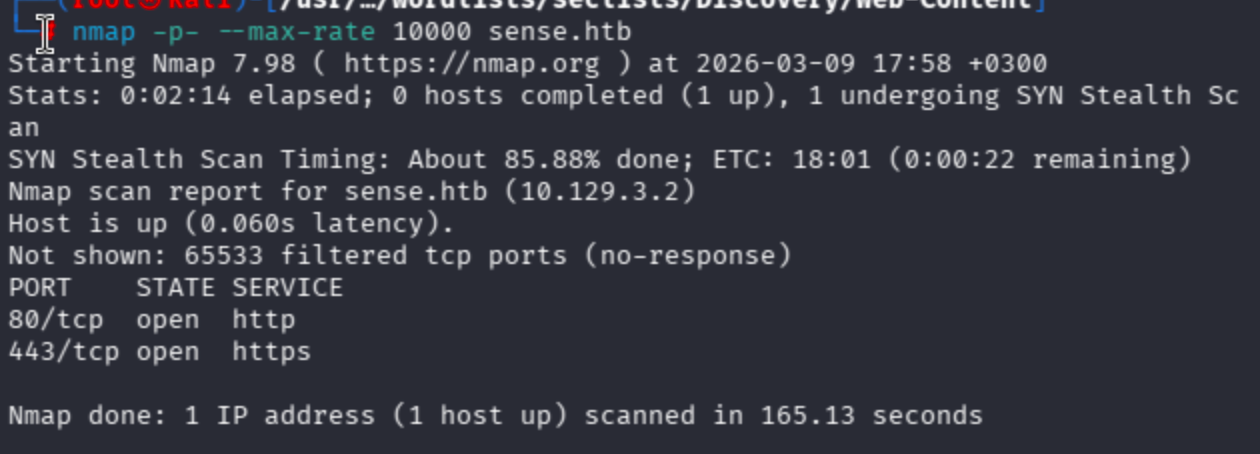Terminal output of nmap -p- --max-rate 10000 sense.htb showing open ports 80 and 443.