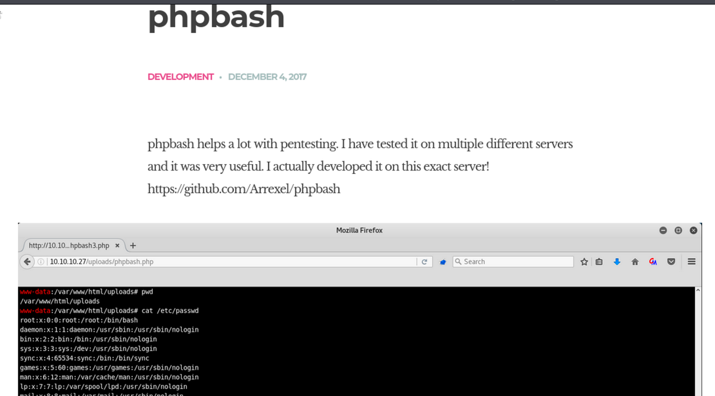 GitHub page for phpbash webshell repository showing installation instructions.