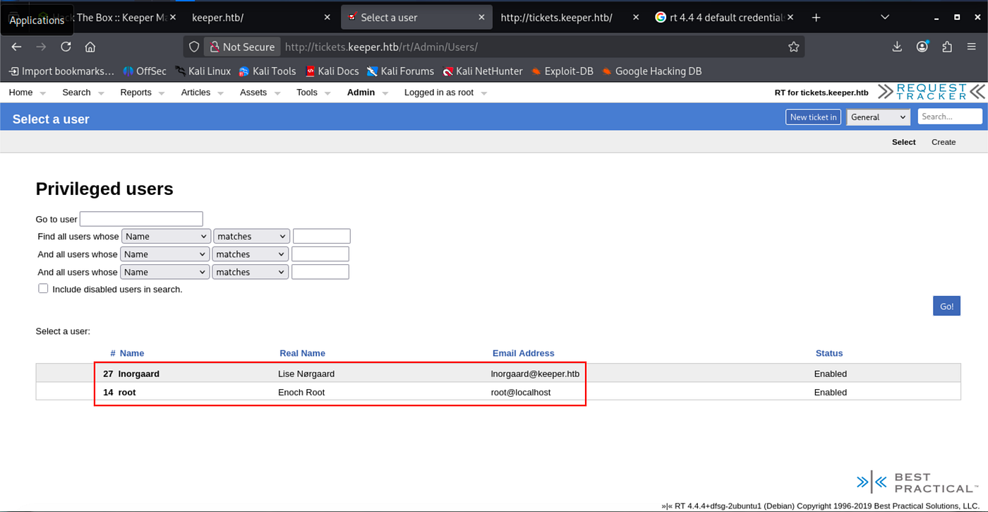 Web browser showing Request Tracker user list with comment revealing password for lnorgaard.