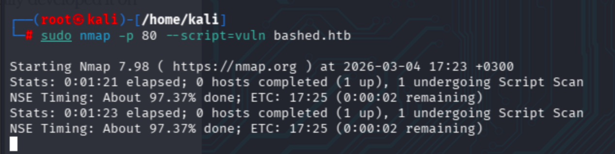 Terminal output of nmap NSE vuln scan listing SQL injection, directory disclosure, and Slowloris DoS vulnerabilities.