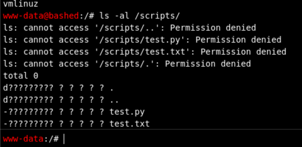Terminal output of ls -la /scripts as scriptmanager showing full directory contents.