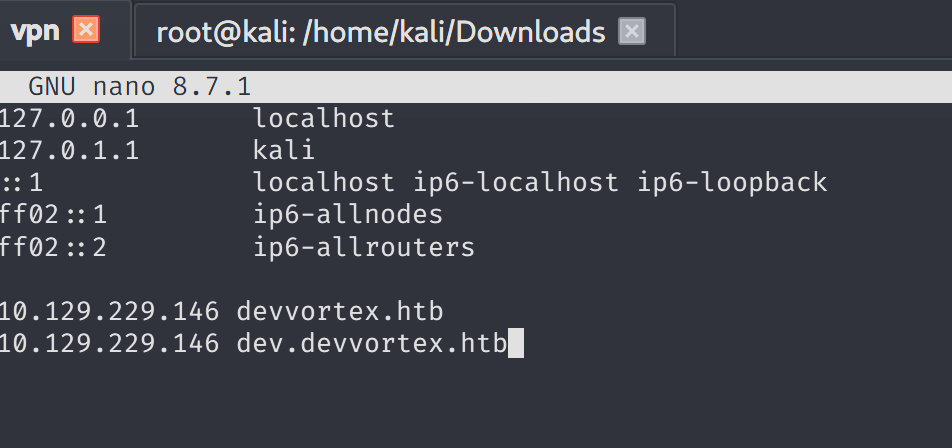 Terminal output of cat /etc/hosts showing added dev.devvortex.htb entry