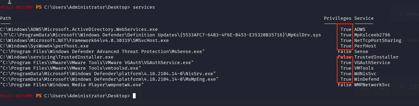 Evil-WinRM services command output listing services with VMTools showing True for modifiable privilege