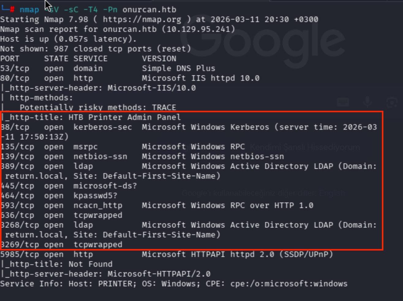 Nmap scan results for onurcan.htb showing open ports 80, 389, 445, 5985 and services