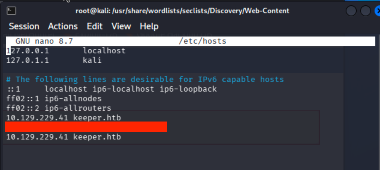 Terminal showing nano /etc/hosts with line '10.129.229.41 keeper.htb' added.